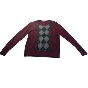 Claiborne‎ Argyle V-Neck Sweater Mens Size Medium Burgundy Cotton Pullover 1755